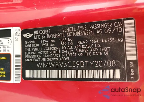 2011 Mini Cooper S z USA, uszkodzony, nr VIN WMWSV3C59BTY20708